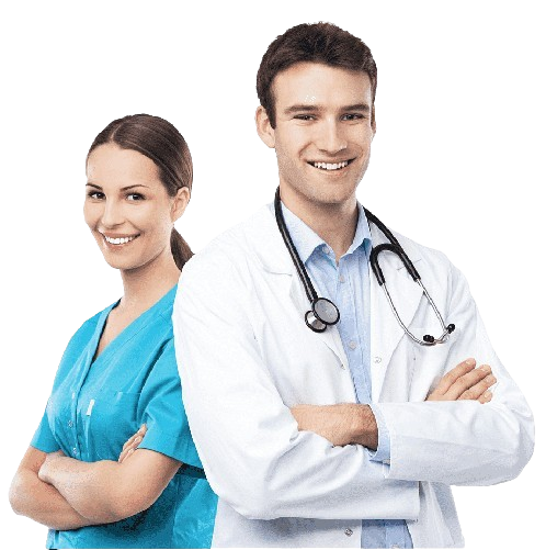 a man and a woman in scrubs standing next to each other